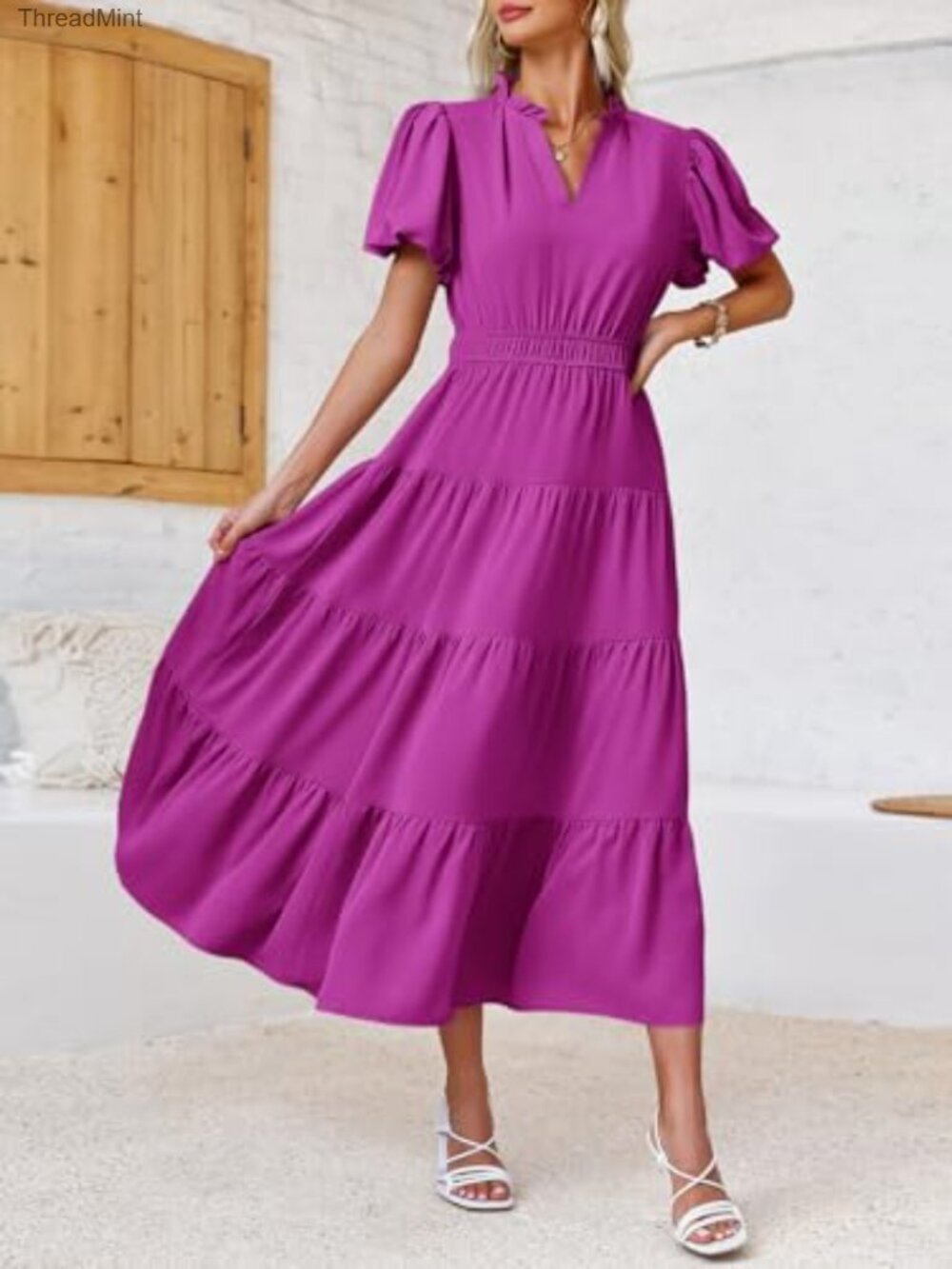 Summer Midi Dress Puff Sleeves V-Neck Tiered A-Line Formal Slim Fit - Picture 5 of 7
